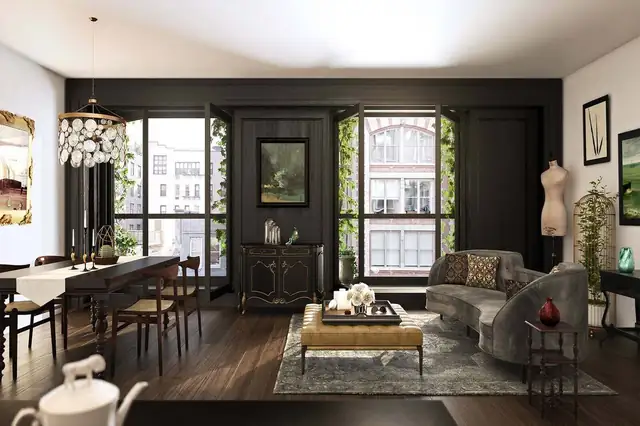 Wide living and dining room at 155 West 18th Street, Unit 401.