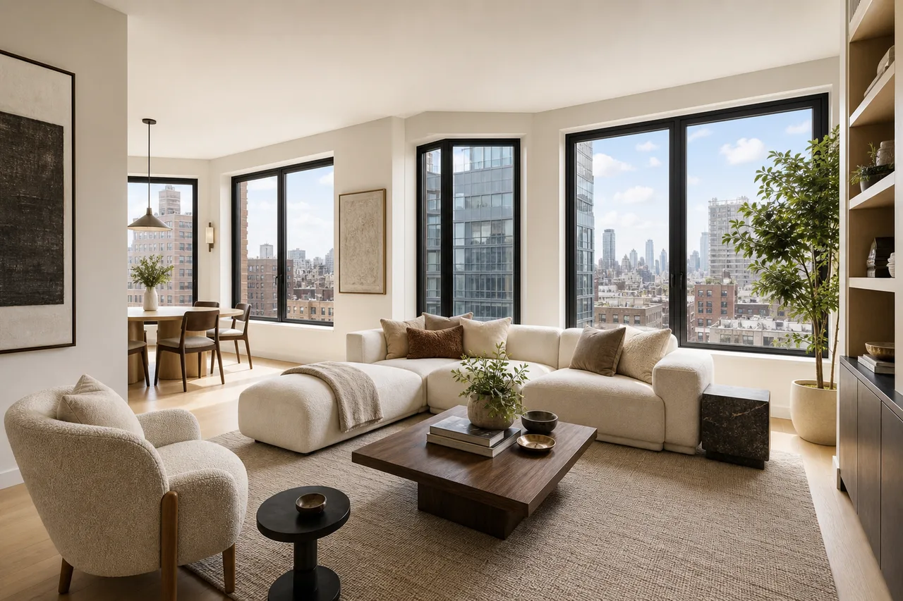 A prepared Manhattan living room with tall windows and warm staging details