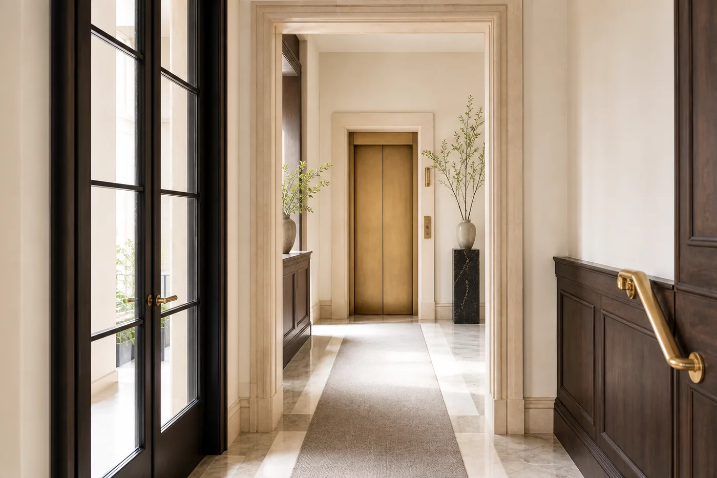 A quiet residential building lobby with a brass elevator and framed marble threshold