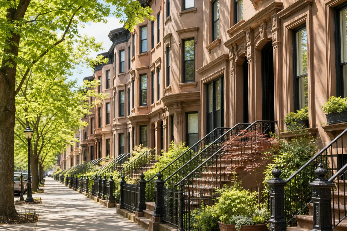 A row of Brooklyn brownstones with stoops and iron railings