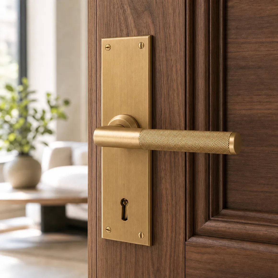 A close detail of aged brass door hardware and a keyhole