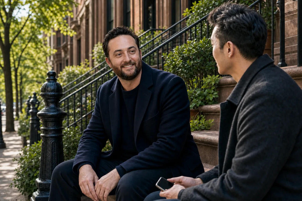 Frank Suriano talking with a client on a brownstone stoop