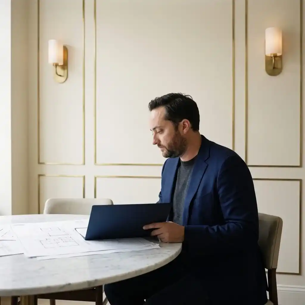Frank reviewing plans at a marble table before a client meeting
