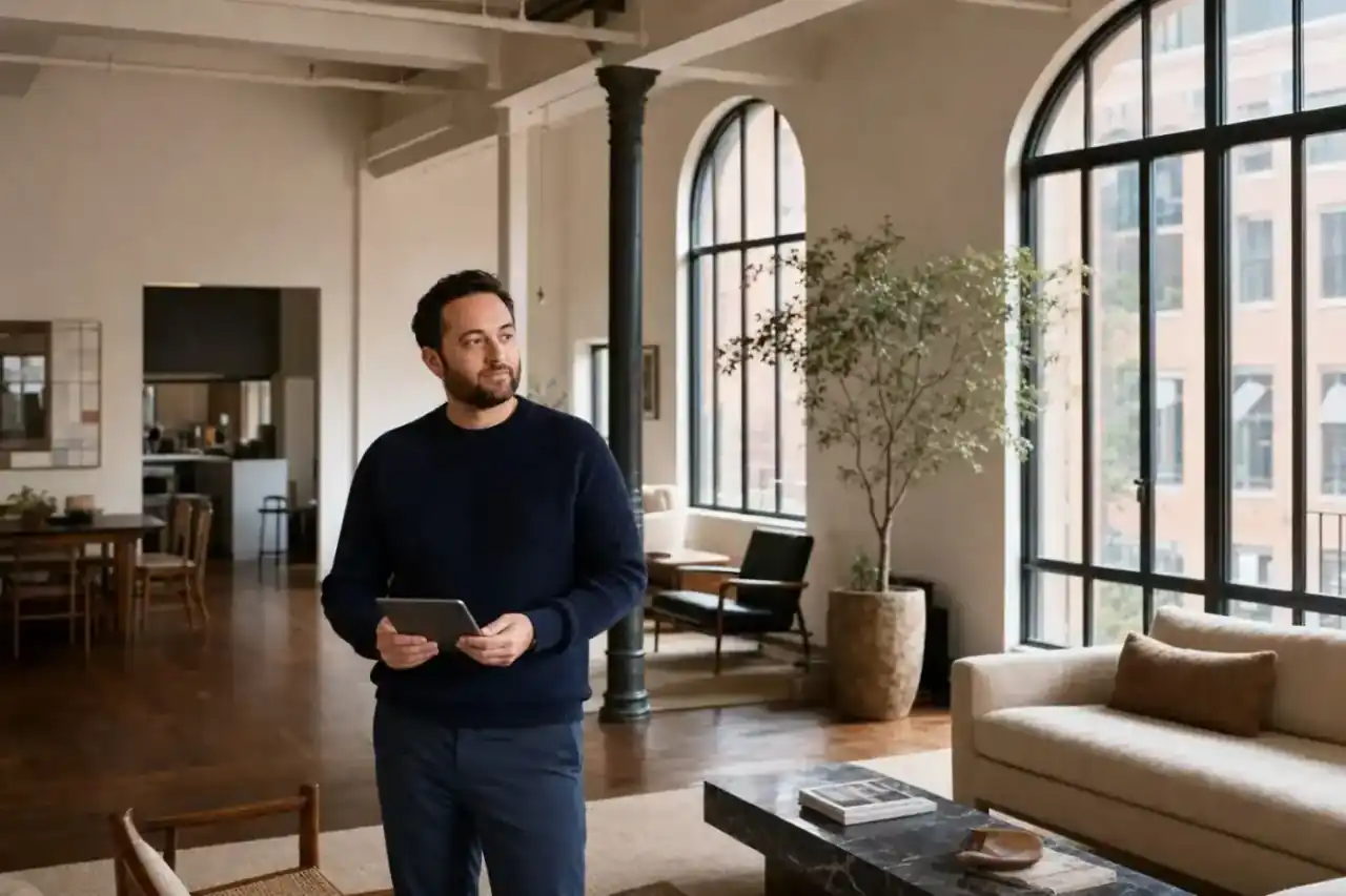 Frank holding a tablet in a sunlit loft with tall arched windows